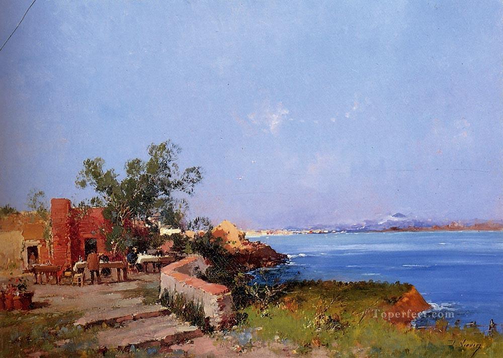 ナポリ湾を望むテラスでのランチ印象派ウジェーヌ・ガリアン・ラルーの風景油絵